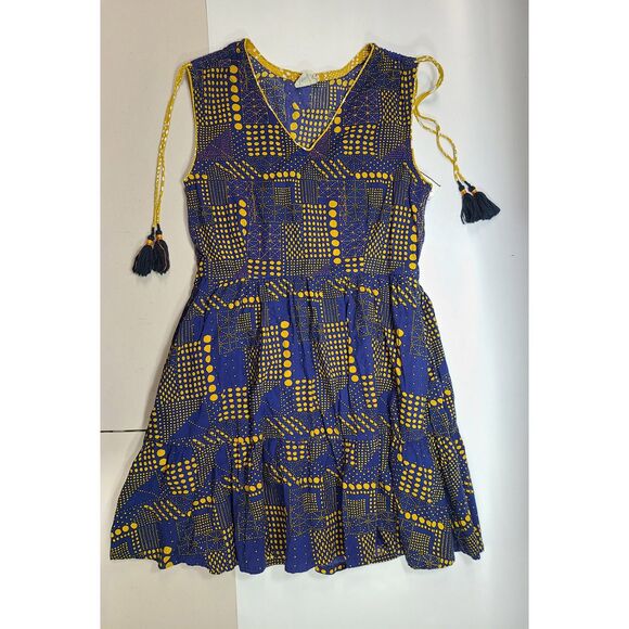 Mata Traders Blue Yellow Geometric Print Tassel Tie Tiered Summer Dress L - Picture 1 of 5